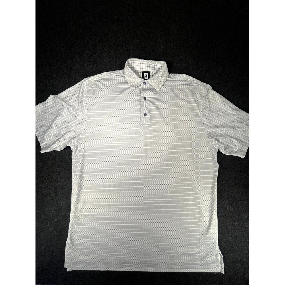 FootJoy Golf Polo Shirt Men Large White Blue Check Stretch Side Slit Performance